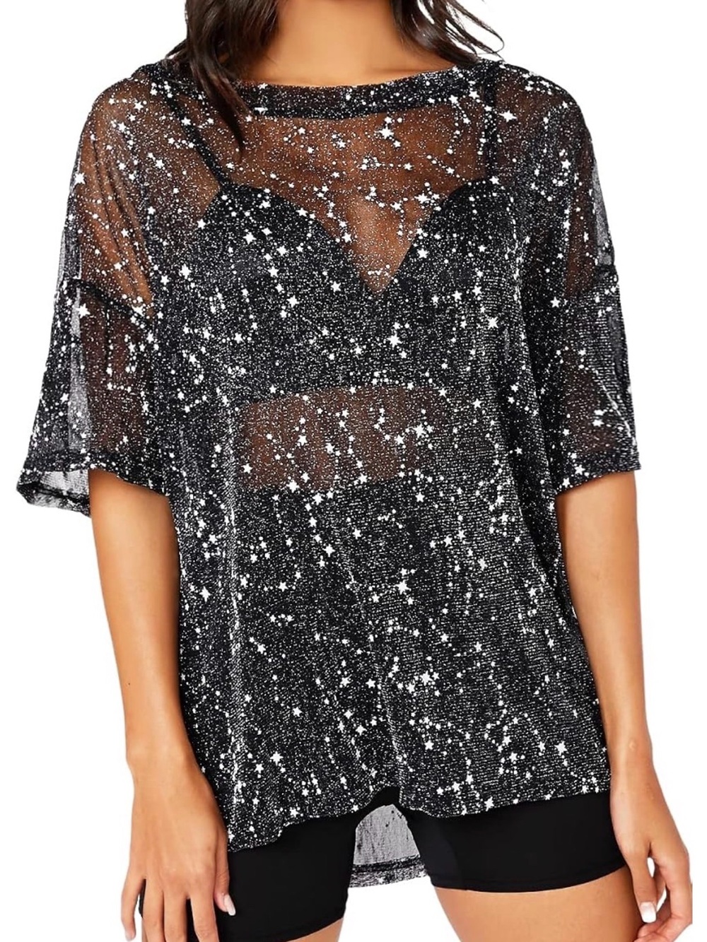 Sheer Black Star Print Short Sleeve Tee